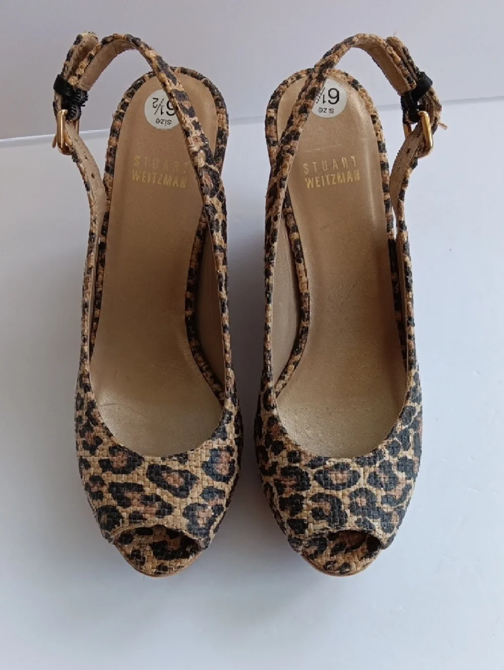Stuart Weitzman"Jean" Leopard Print Cork Wedge Slingbacks Peep-toe 6.5 M( EUC) - Picture 2 of 16